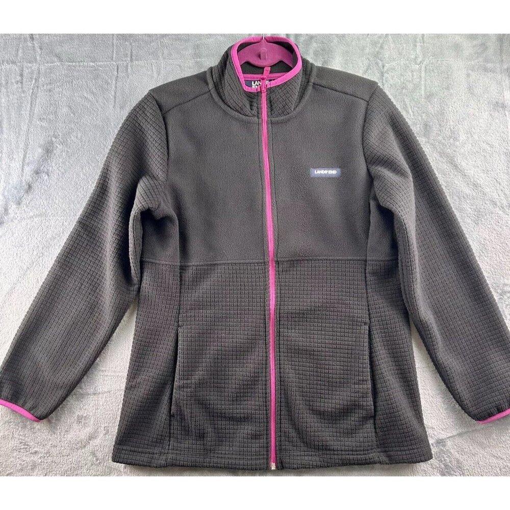 LANDS’ END Women's Fleece‎ Jacket Sz Med Full Zip Black Pink Zip Pockets Outdoor